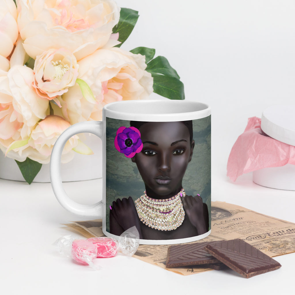 Black History Month - Premium white ceramic mug featuring portrait of Black woman with purple flower, pearls and pink nails 20-oz left view