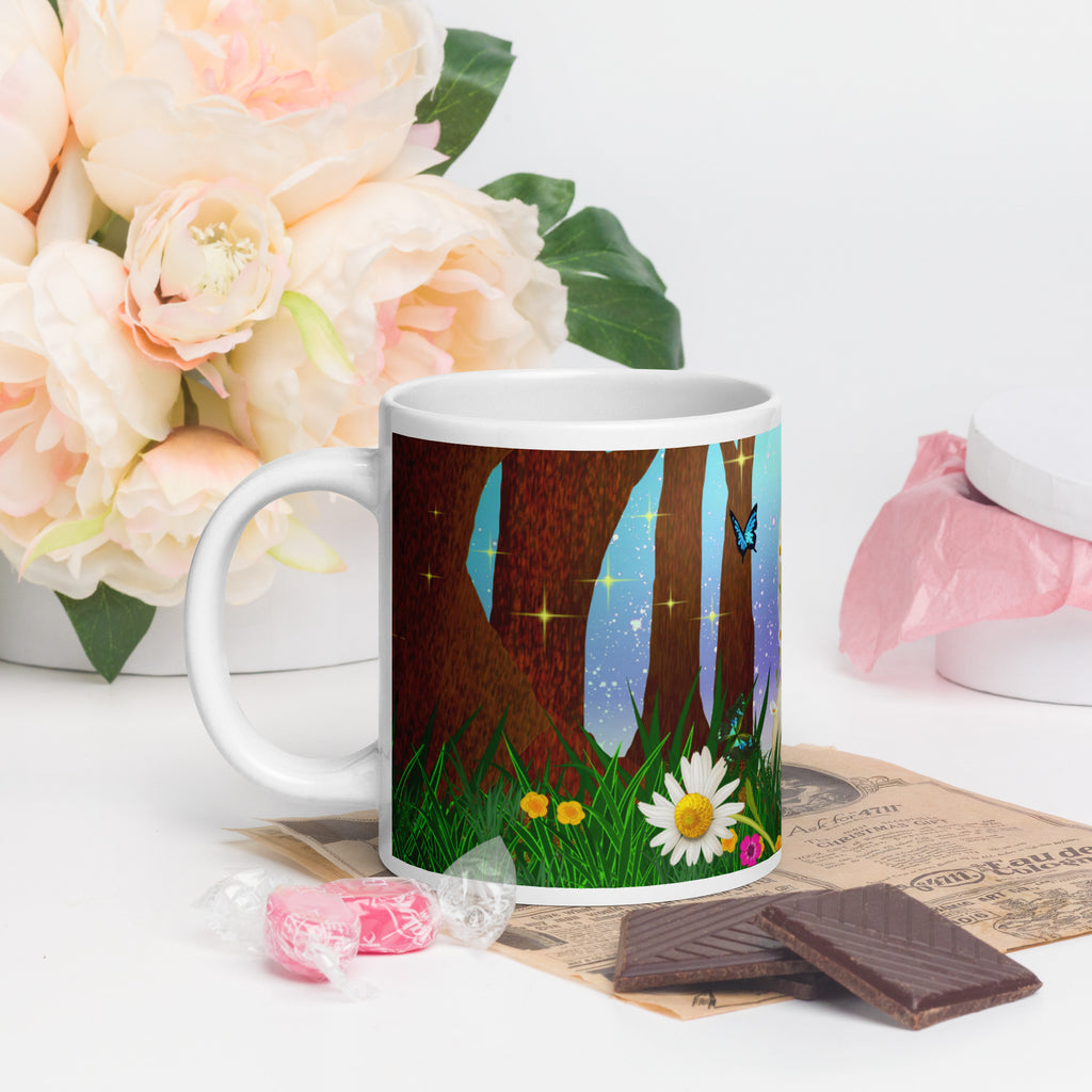 Magical Forest Bunny Mug - Enchanted Easter Bunny with Flower Crown sitting in the grass surrounded  magical trees. flowers and delicate butterflies -20-oz-left view