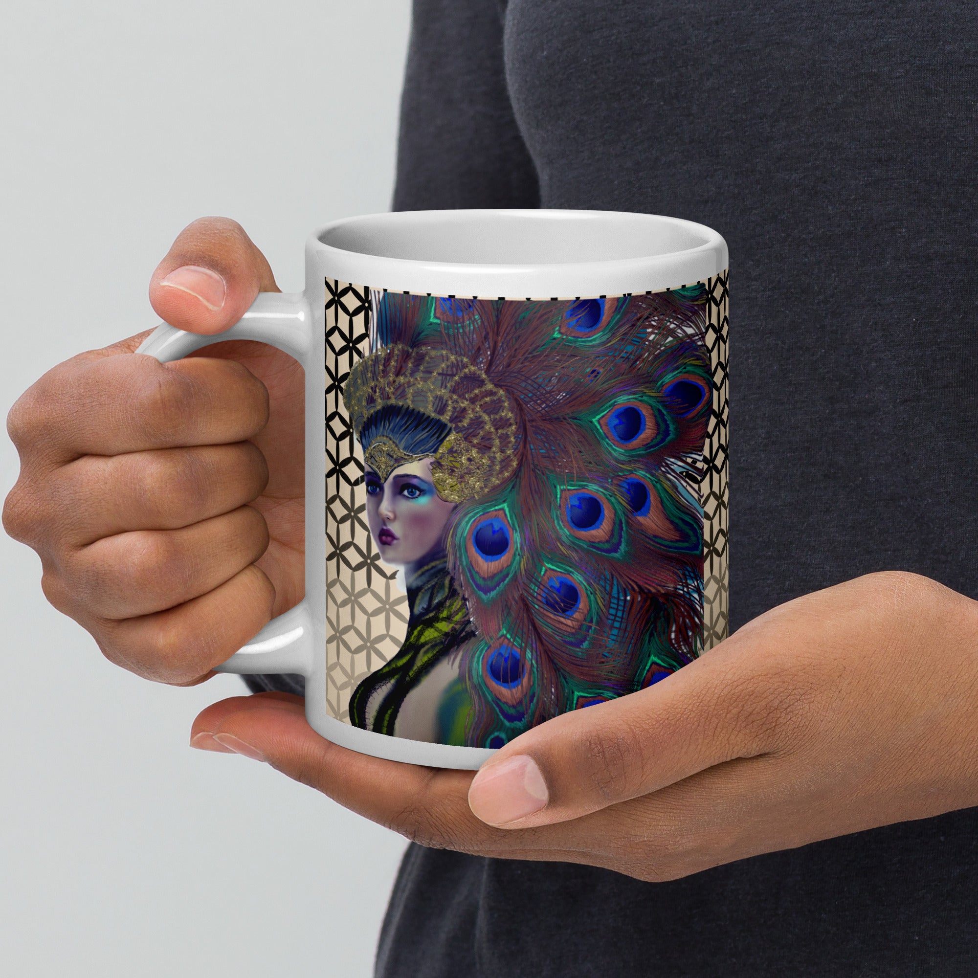 Premium white ceramic - Peacock Queen mug - 20 oz - left view