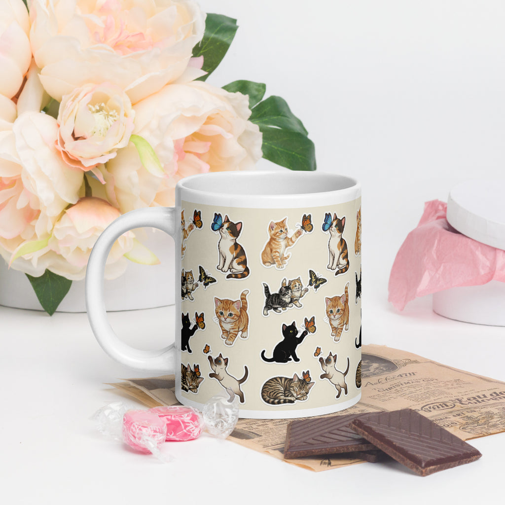Premium White Glossy Ceramic  -Kittens and Butterflies Ceramic Mug - Adorable Cat & Butterfly Ceramic - 20 -oz - left view