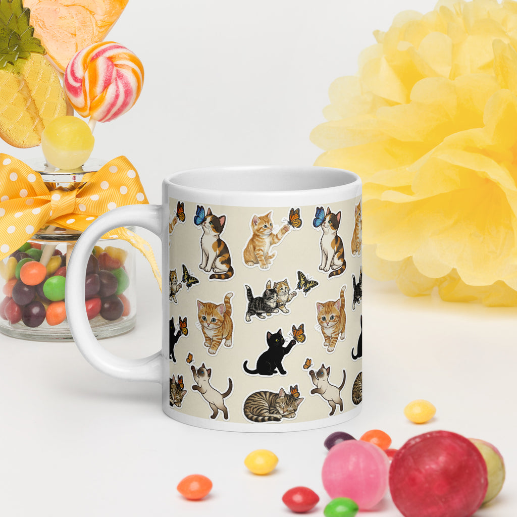 Premium White Glossy Ceramic  -Kittens and Butterflies Ceramic Mug - Adorable Cat & Butterfly Ceramic - 20 -oz - left view
