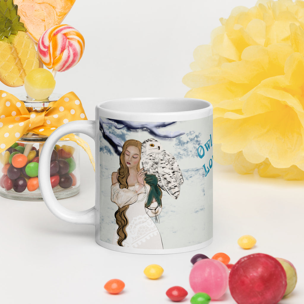 Enchanting Premium white ceramic mug features a beautiful woman with a majestic snowy owl in a magical winter wonderland. With the heartwarming message "Owl Always Love You," this design celebrates love, nature, and the magic of winter - 20 - oz left view