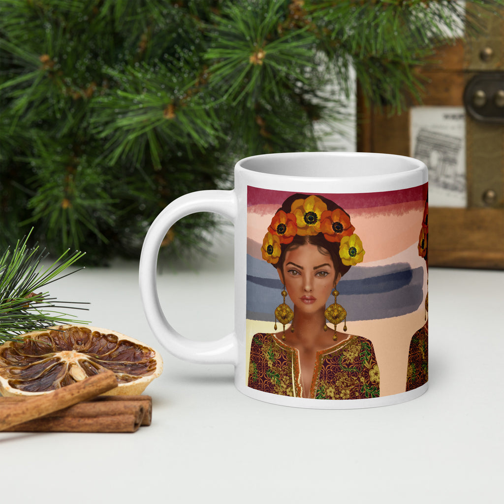 Premium white ceramic -Frida Kahlo Inspired Floral Crown Mug - Artistic Ceramic Coffee Mug- white-20-oz-left