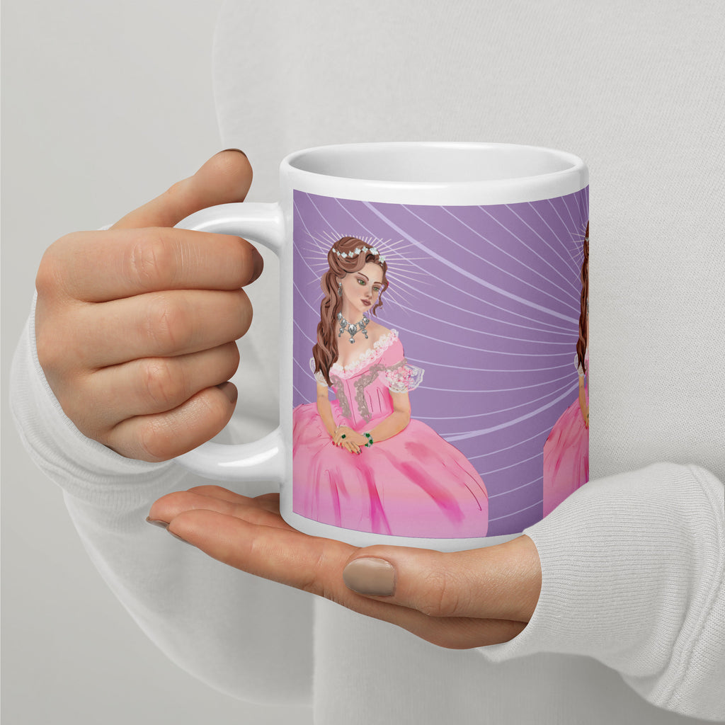 Person holding Premium White Ceramic - Princess Fantasy Art Mug - Elegant Pink Ball Gown Ceramic Coffee Mug -20-oz-left
