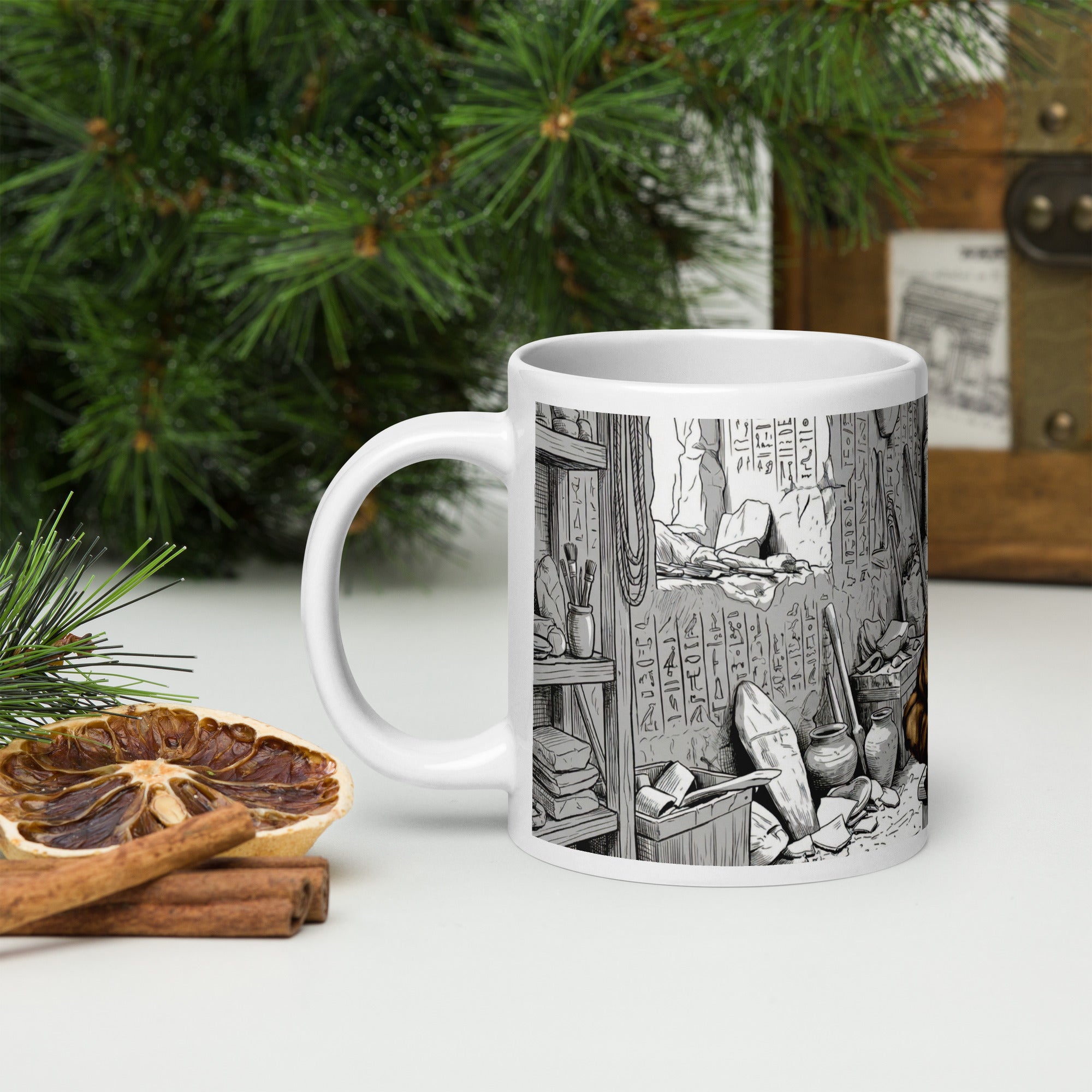 Premium white ceramic coffee mug -Additional tomb scene with hieroglyphic walls, urns, scrolls, and archaeological details 20 oz left view