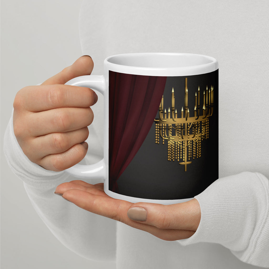 Premium white ceramic - Past the point of No refill - Coffee mug  Dramatic chandelier scene with candlelight, red velvet curtains and opera house ambiance - 20 oz - left view held in persons hand