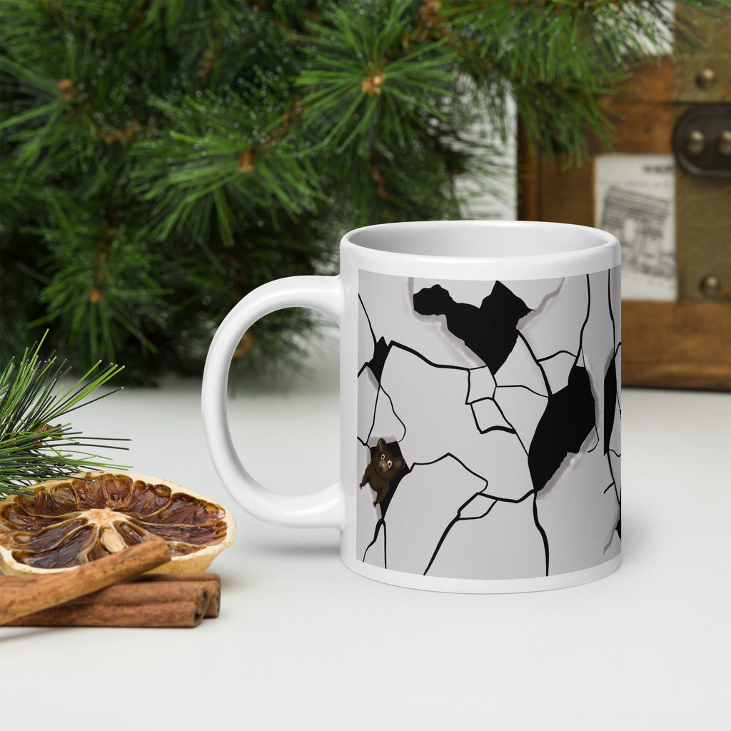 Premium white ceramic - cracked wall design- Mouseterious mug - black and white with mouse peeking through hole in wall - 15 oz right view