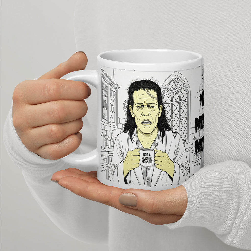 Not a Morning Monster Mug - Brew-kenstein Coffee Gothic | Brew Crew — Premium white ceramic mug with Brew-kenstein in bathrobe in his gothic kitchen. 20 oz - left
