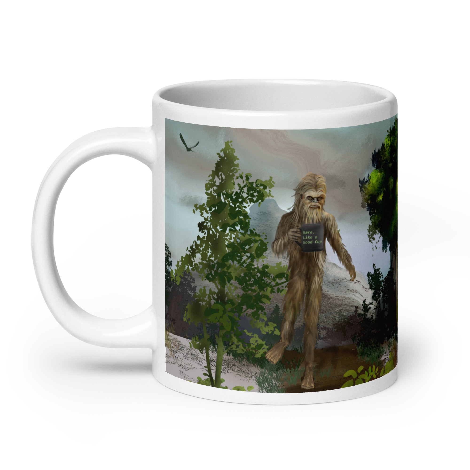 Premium white ceramic - Big Foot Mug- Rare. Like a Good Cup 20 oz size - Shows Big foot standing tall  holding mug deep in the forest -  left view