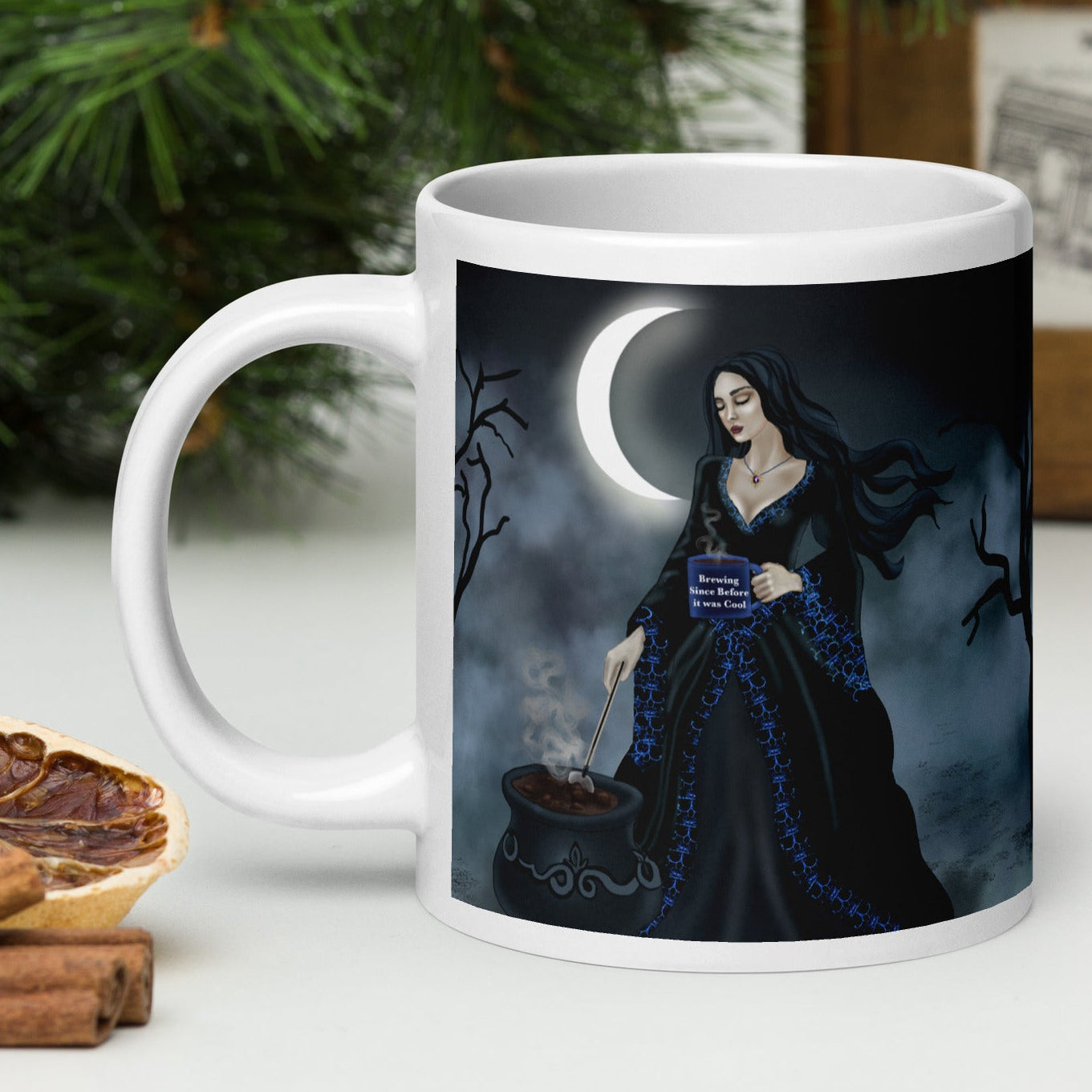 Premium glossy white ceramic - Brewing since before it was cool mug- misty forest scene with crescent moon - elegant witch stirring a cauldron filled with coffee - 20 oz left view