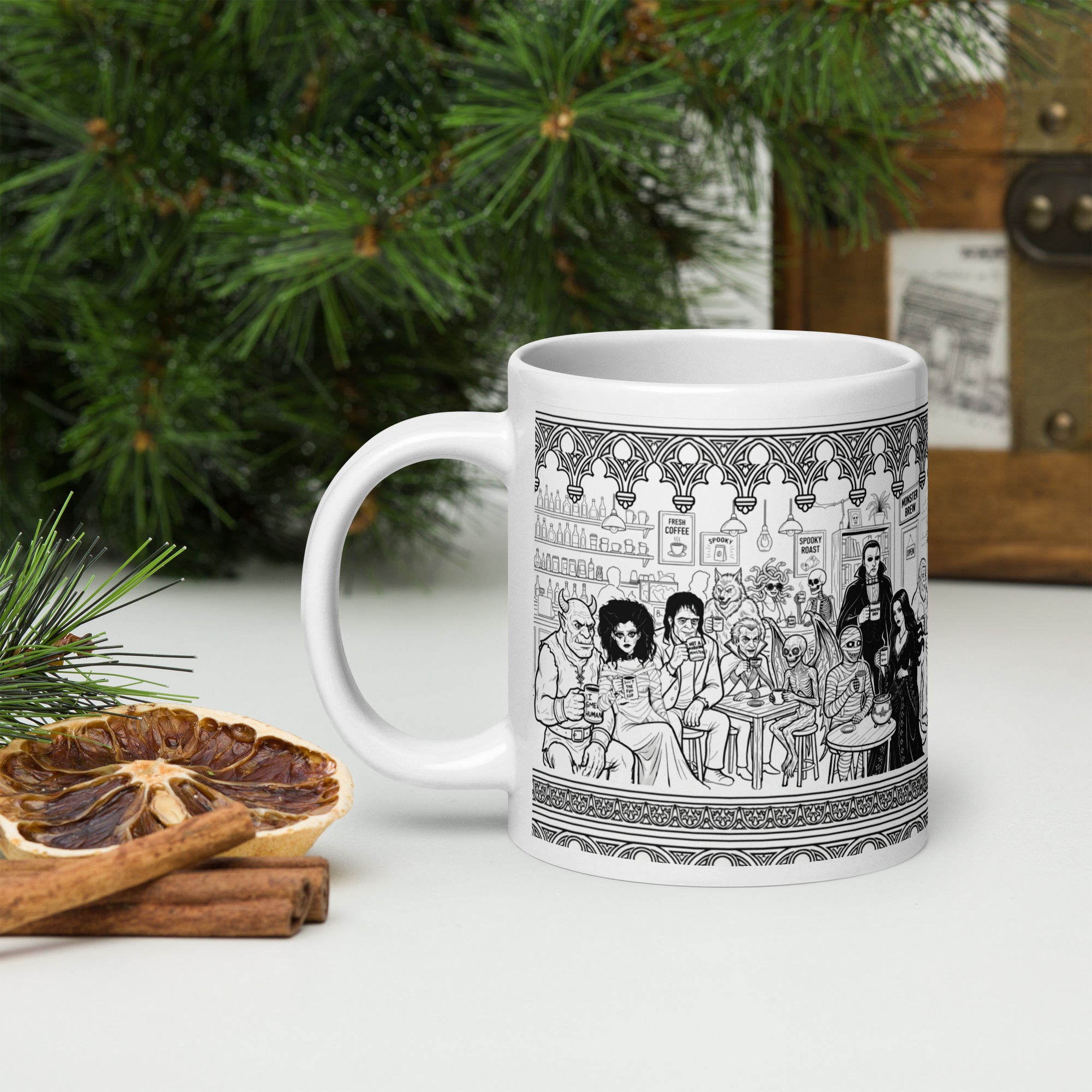 Premium glossy white ceramic - At the Monster Café - 13 monsters having coffee and mingling - 20 oz left view