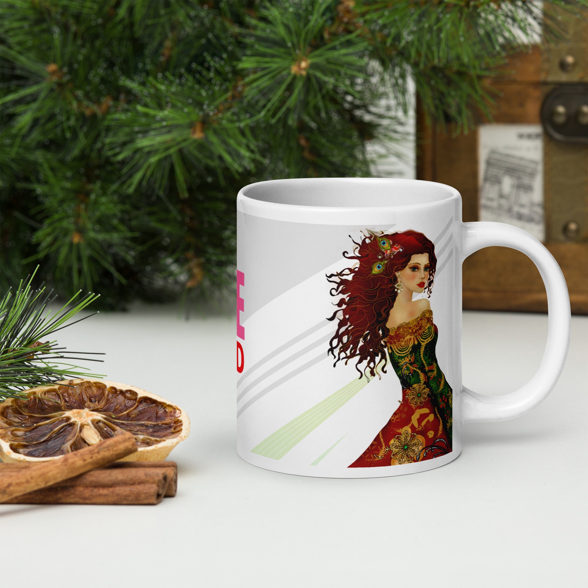 Bohemian Peacock Woman Mug - Live Bold White Ceramic Coffee Mug-20-oz-right