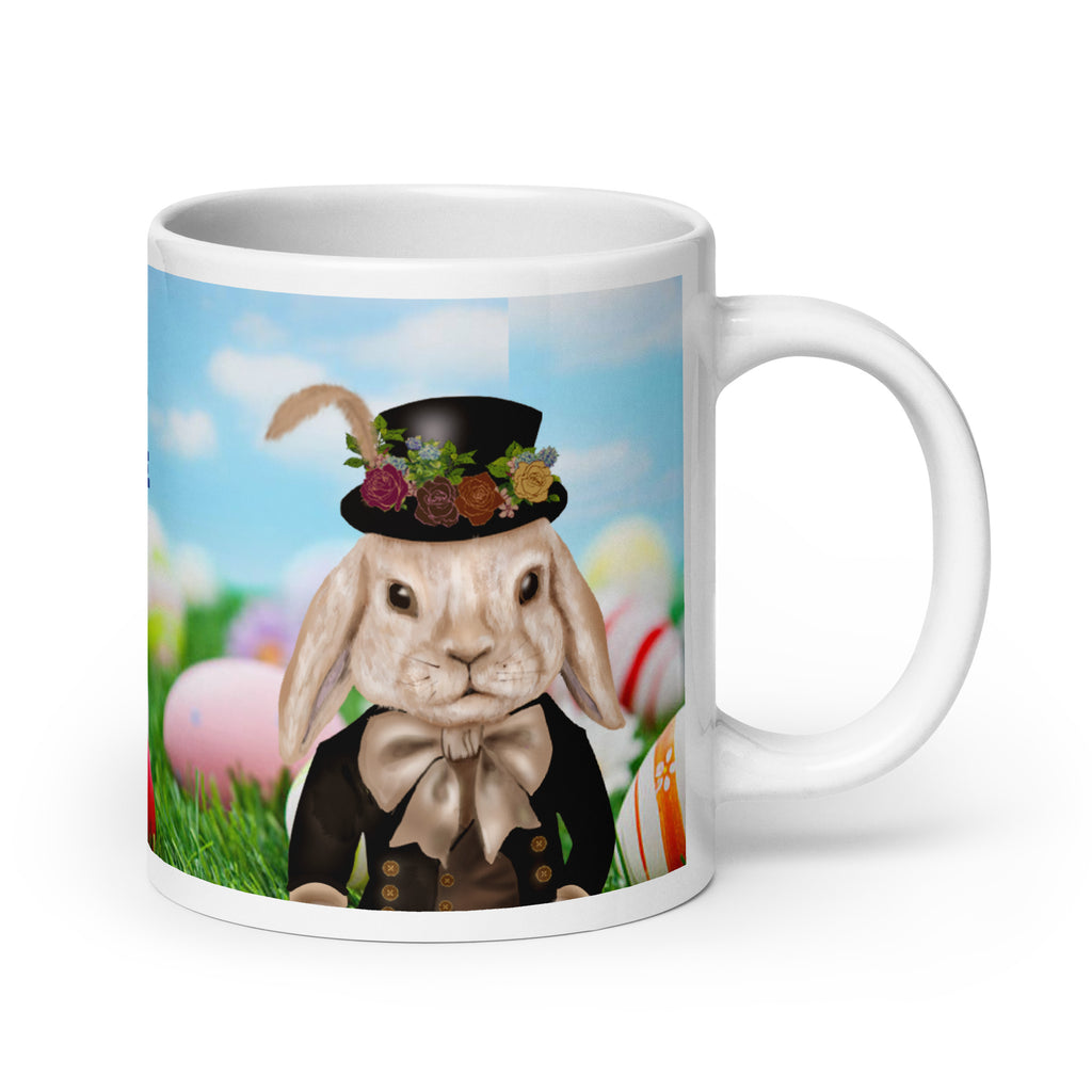 Personalized Dapper Bunny Easter Mug with custom text option on sky blue background with Easter eggs - 20 oz ceramic mug - right view