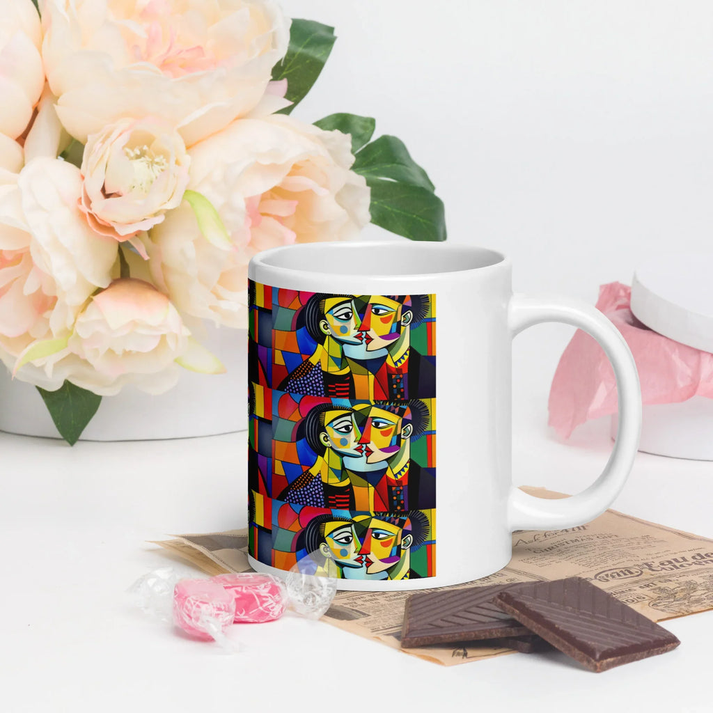 White ceramic mug with colorful abstract face art, set on a table with flowers and chocolate.
