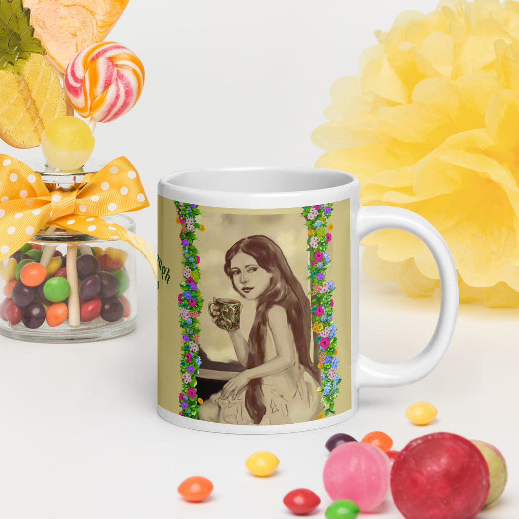Beautiful Premium white ceramic mug features a vintage sepia-toned woman with flowing hair, holding an ornate decorative mug, framed by colorful floral garlands. With the empowering message "You are Enough Exactly as You are" -20 - oz right view