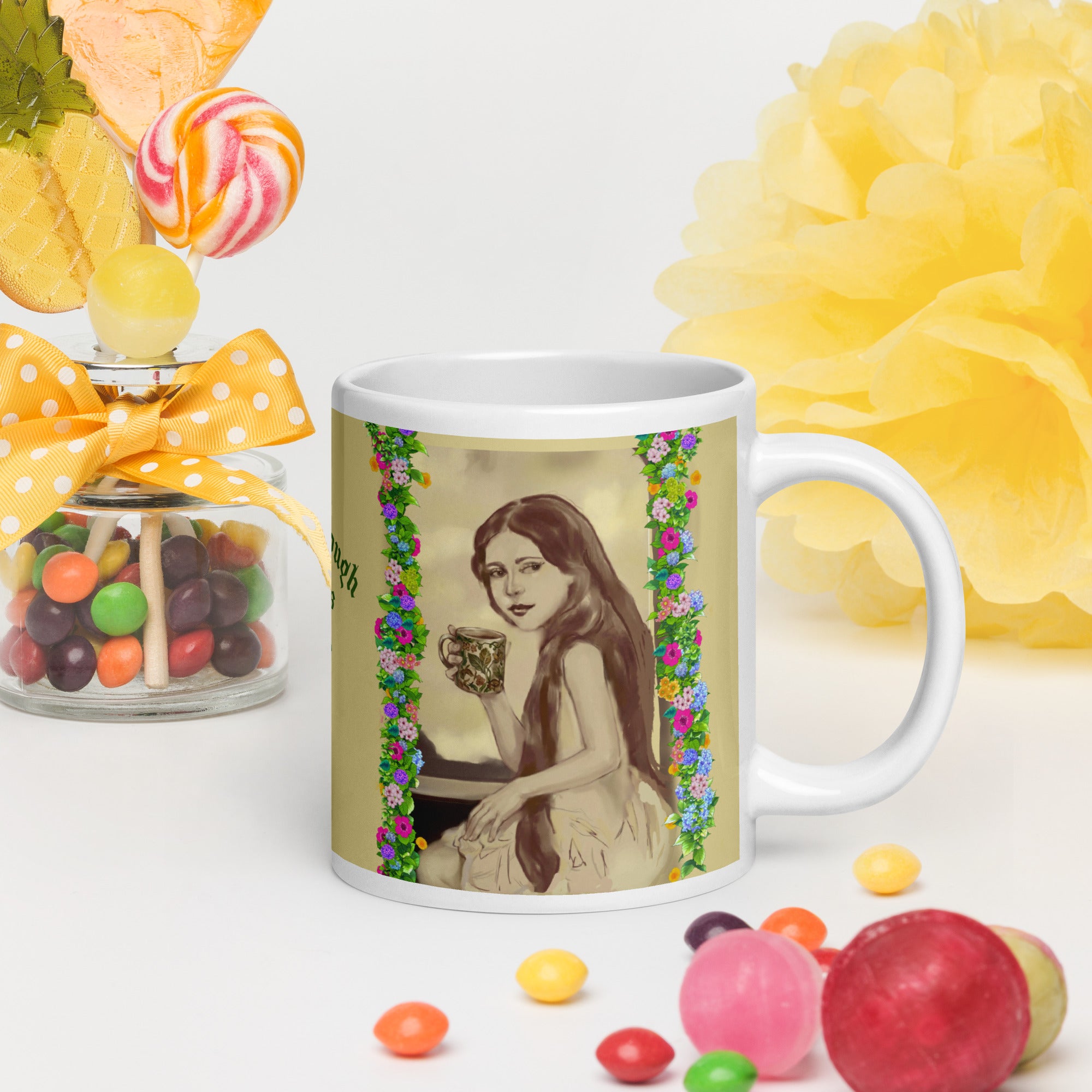 Beautiful Premium white ceramic mug features a vintage sepia-toned woman with flowing hair, holding an ornate decorative mug, framed by colorful floral garlands. With the empowering message "You are Enough Exactly as You are" -20 - oz right view