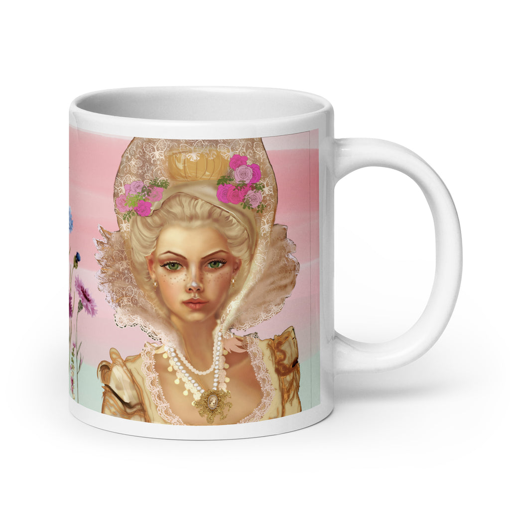 Stunning Premium white ceramic mug features the iconic French queen Marie Antoinette with her elaborate updo hairstyle, ornate golden crown adorned with pink flowers, magnificent white lace Elizabethan collar, and pearl necklaces. Surrounded by her beloved cornflowers (bleuets) and a delicate purple butterfly - 20 - oz  right view