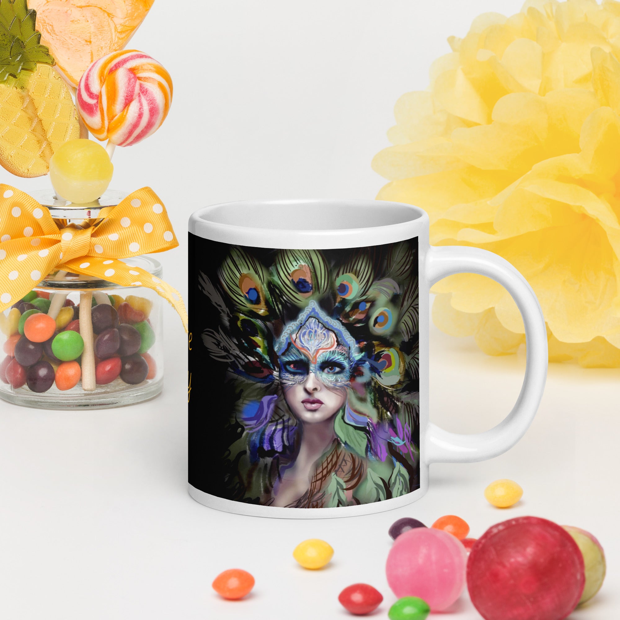 Stunning Premium white ceramic mug features a majestic woman adorned with vibrant peacock feathers, ornate blue and orange face paint, and a regal purple and green costume. With the inspiring message "You Are Majesty, 20- oz right view