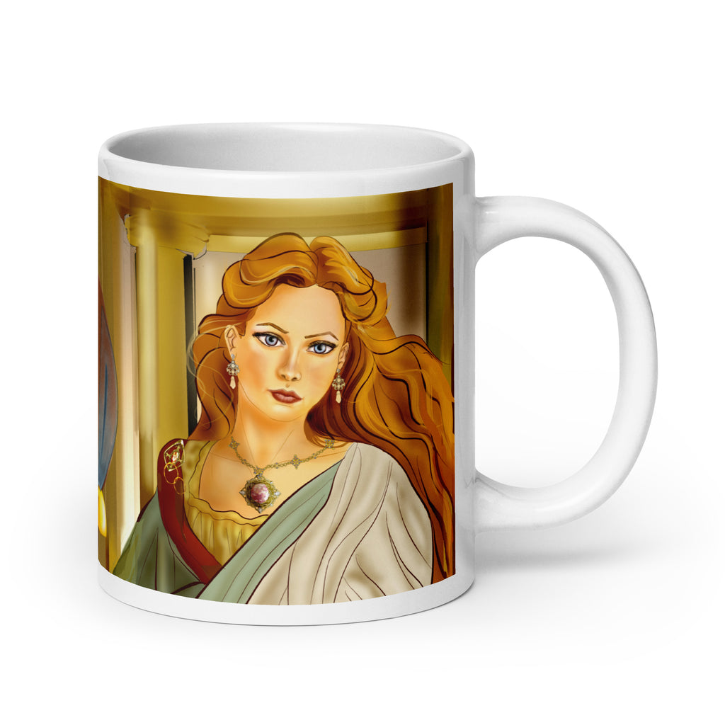 Premium white ceramic mug features Helen of Troy, the legendary beauty that launched 1000 ships that lead to the Trojan war. With her flowing golden hair, striking green eyes, elegant white dress with green sash, and purple gemstone necklace 20 - oz - right view