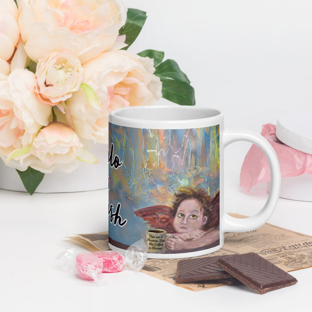 My Halo is in the Wash - Fallen Angel Premium Ceramic Coffee Mug - Inspired by classical renaissance painting of the fallen angels - cherubs holding coffee mugs - words "This isn't heaven but the coffee is divine" 20- oz right view