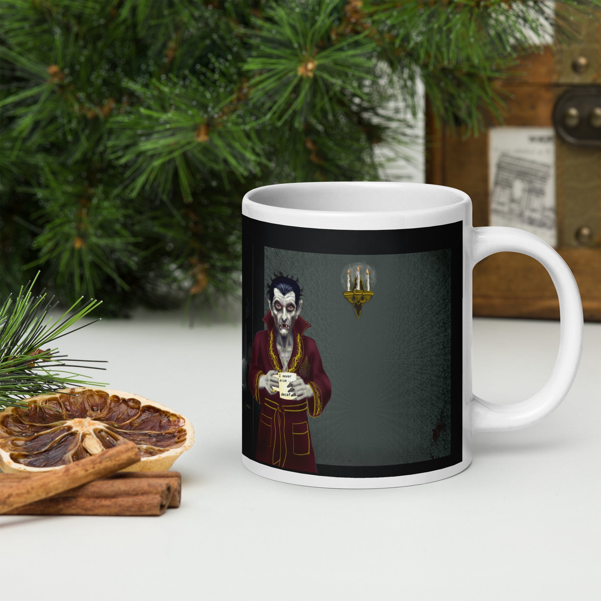 Dracula Coffee Mug - I Have Crossed Oceans of Time to Find a Barista- Premium white ceramic mug with Dracula  wearing burgundy bathrobe with gold trim - a candelabra on the wall- he is holding a coffee mug with text " I never drink......decaf" - 20 oz right view