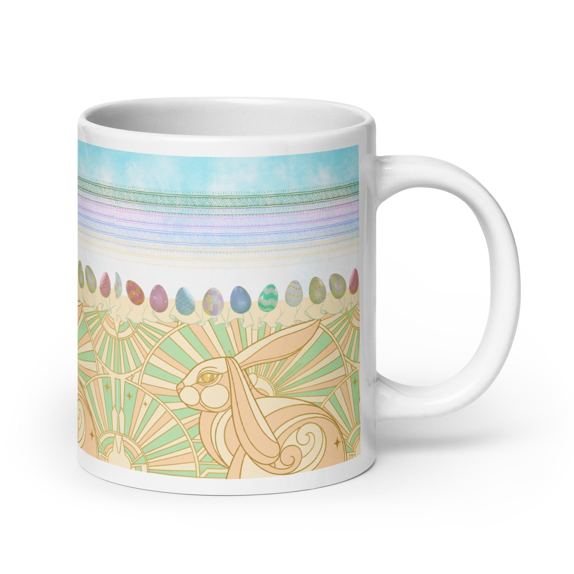 Premium white ceramic - Art Deco Easter bunny mug - Art Deco golden bunny with geometric sunburst pattern
Row of watercolor Easter eggs in pastel pink, blue, green, and lavender
Decorative bands in soft turquoise, lavender, and pink
 - 20 oz right view