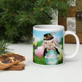 Premium white ceramic Dapper Bunny mug - Bunny dressed in suit with feather in hat and bow- colorful easter egg design- customizable - 20 oz right view
