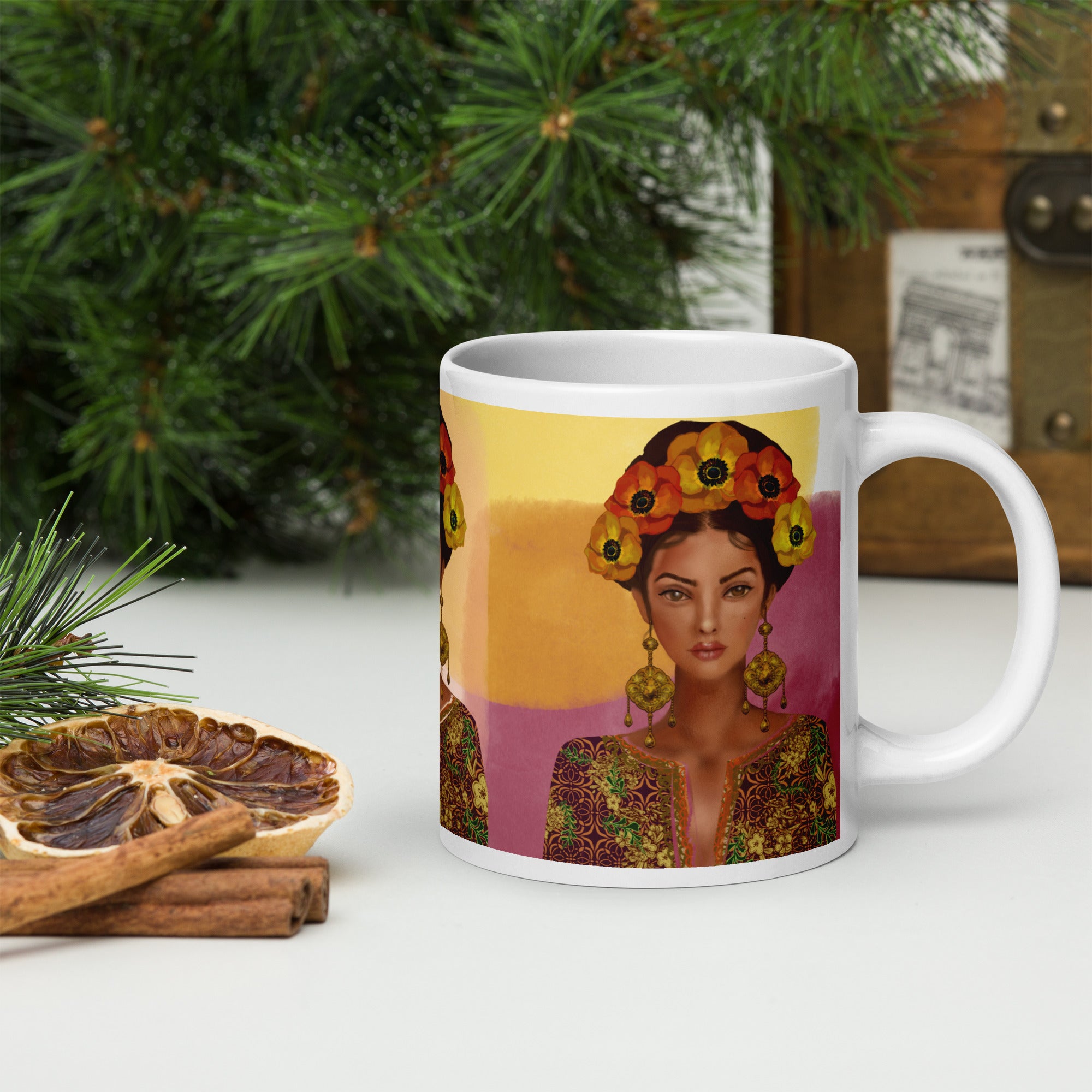 Premium white ceramic -Frida Kahlo Inspired Floral Crown Mug - Artistic Ceramic Coffee Mug- white-20-oz-right