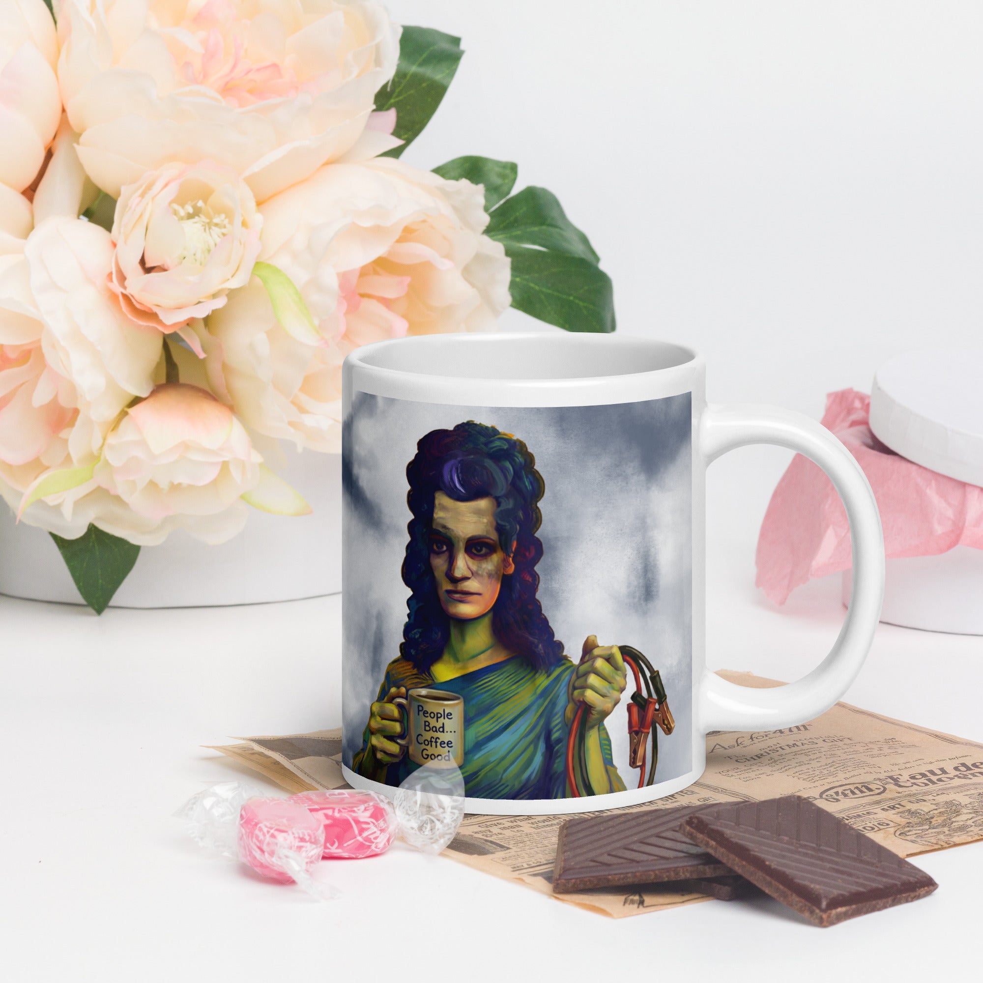 Premium white ceramic -Frankenstein & Bride Coffee Mug - Made for Each Other, Mostly for Coffee - shows Frankenstein's bride holding jump cables and a mug that has " People bad coffee good" written on it - 20 oz right view