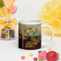 Premium white ceramic - Toad-ally caffeinated - text on coffee mug- features a bright green and blue tree frog peeking through the coffee with bright orange eyes - 20 oz right view