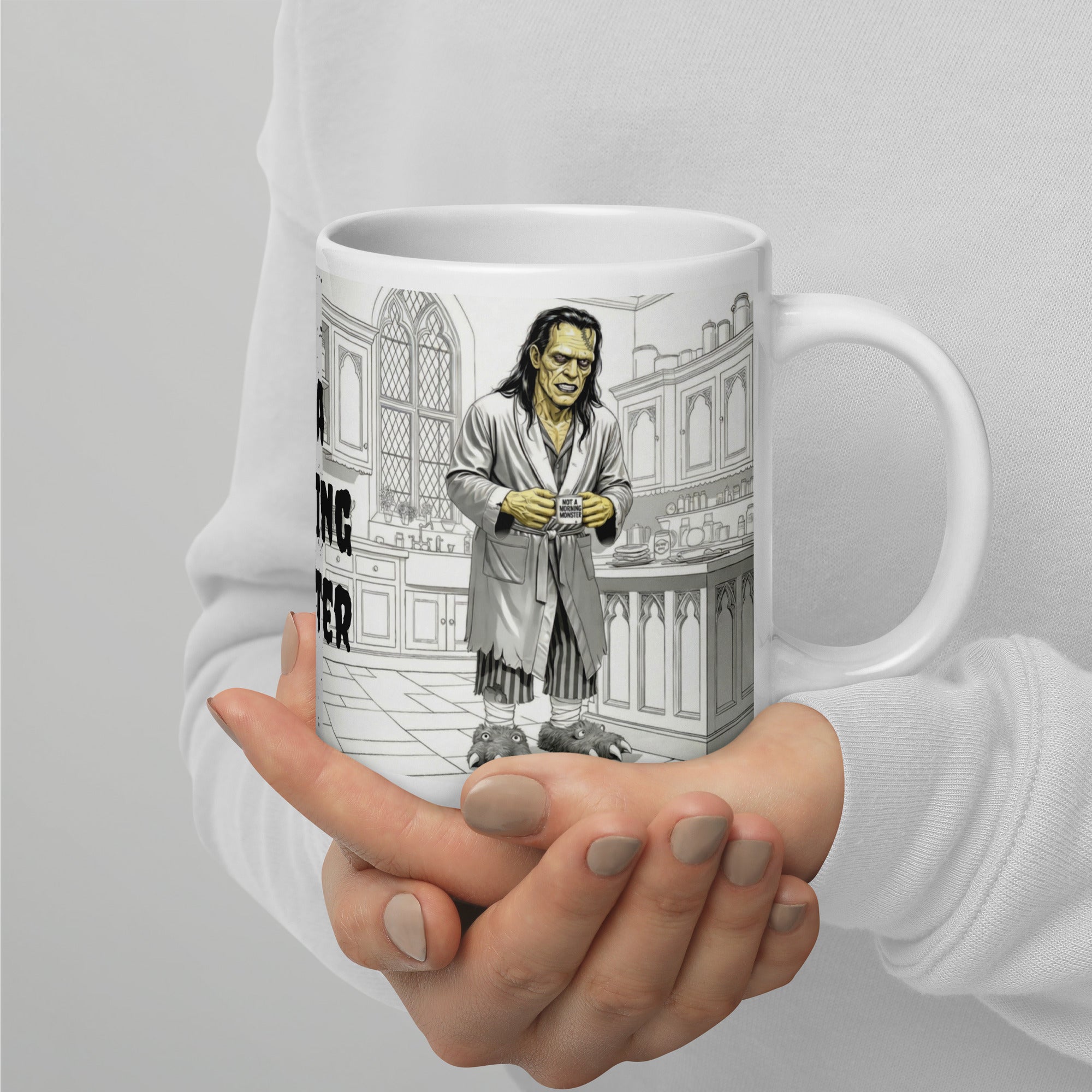 Not a Morning Monster Mug - Brew-kenstein Coffee Gothic | Brew Crew — Premium white ceramic mug with Brew-kenstein in bathrobe and monster slippers in his gothic kitchen. 20 oz - right