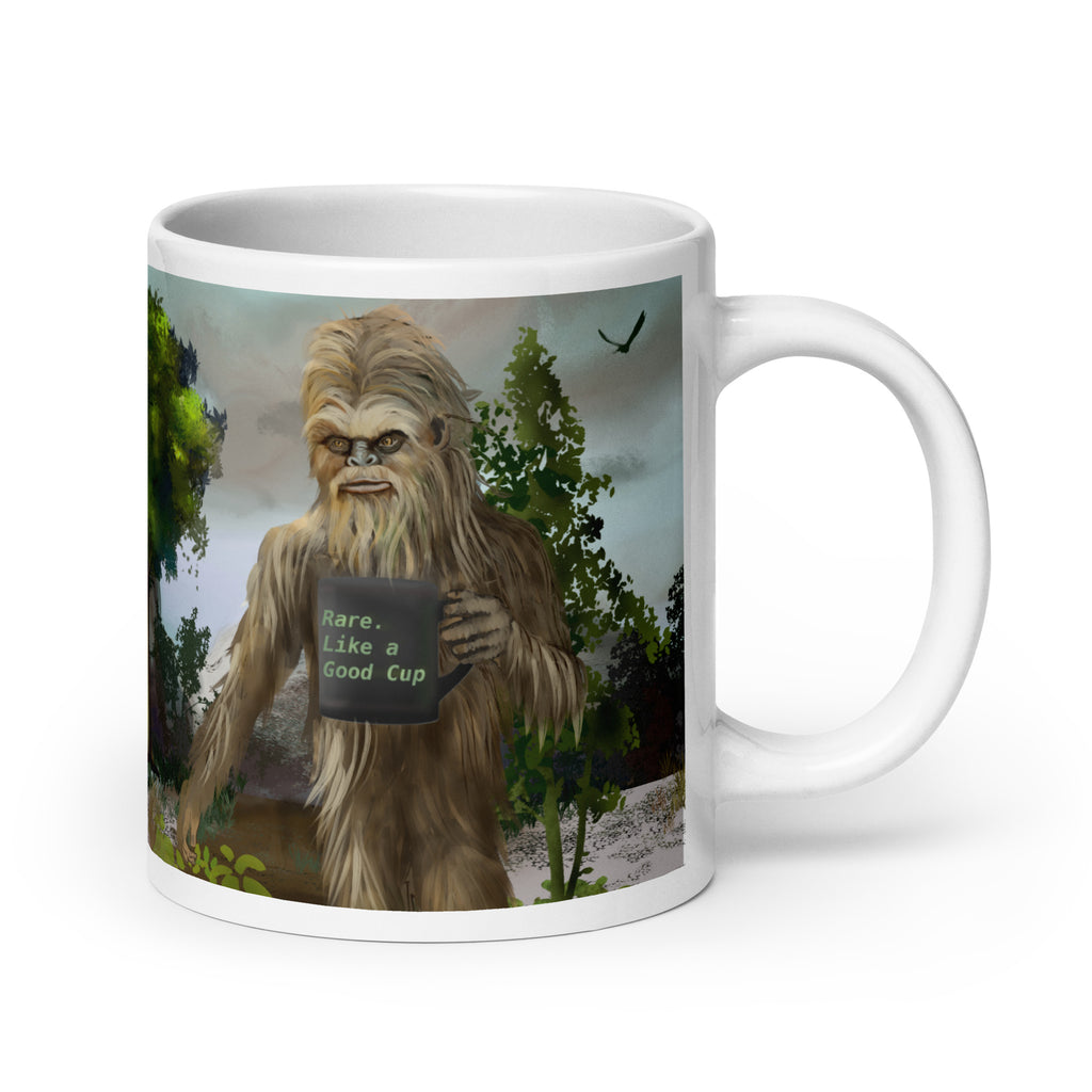 Premium white ceramic - Big Foot Mug- Rare. Like a Good Cup 20 oz size - Shows Big foot holding mug deep in the forest - right view