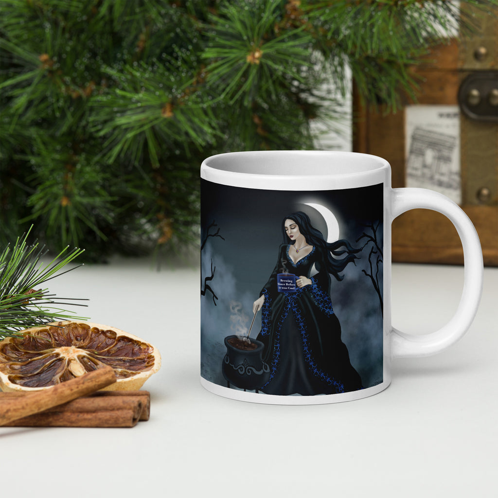 Premium glossy white ceramic - Brewing since before it was cool mug- misty forest scene with crescent moon - elegant witch stirring a cauldron filled with coffee - 20 oz right view