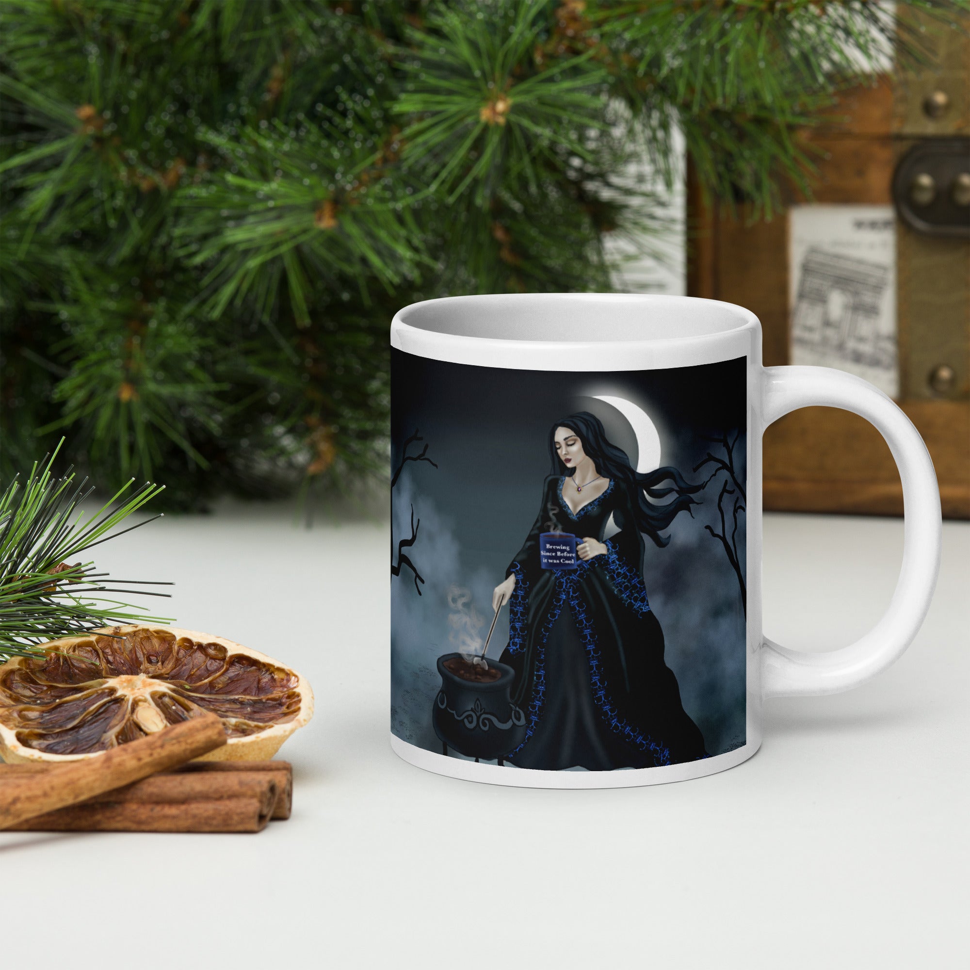 Premium glossy white ceramic - Brewing since before it was cool mug- misty forest scene with crescent moon - elegant witch stirring a cauldron filled with coffee - 20 oz right view