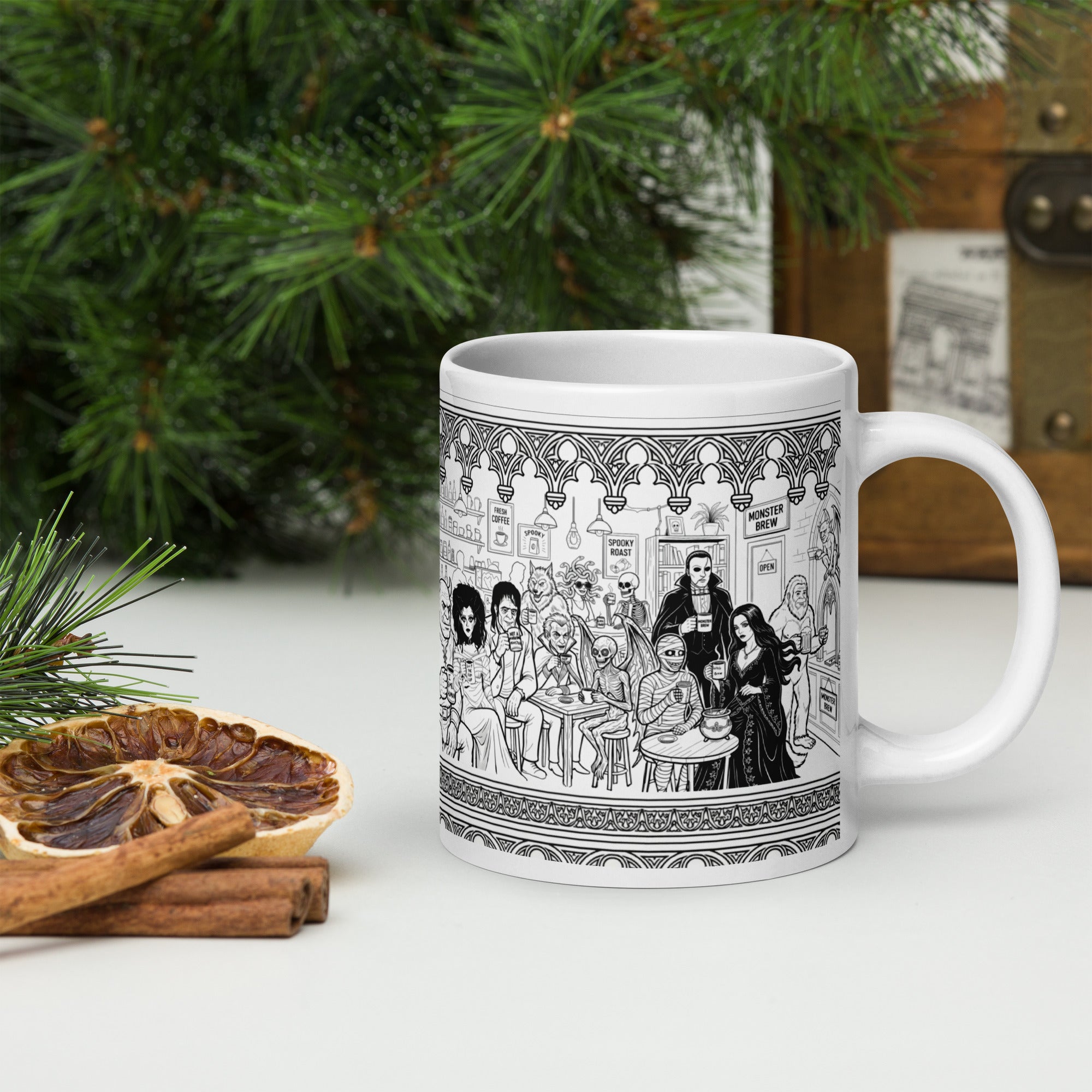 Premium glossy white ceramic - At the Monster Café - 13 monsters having coffee and mingling - 20 oz right view