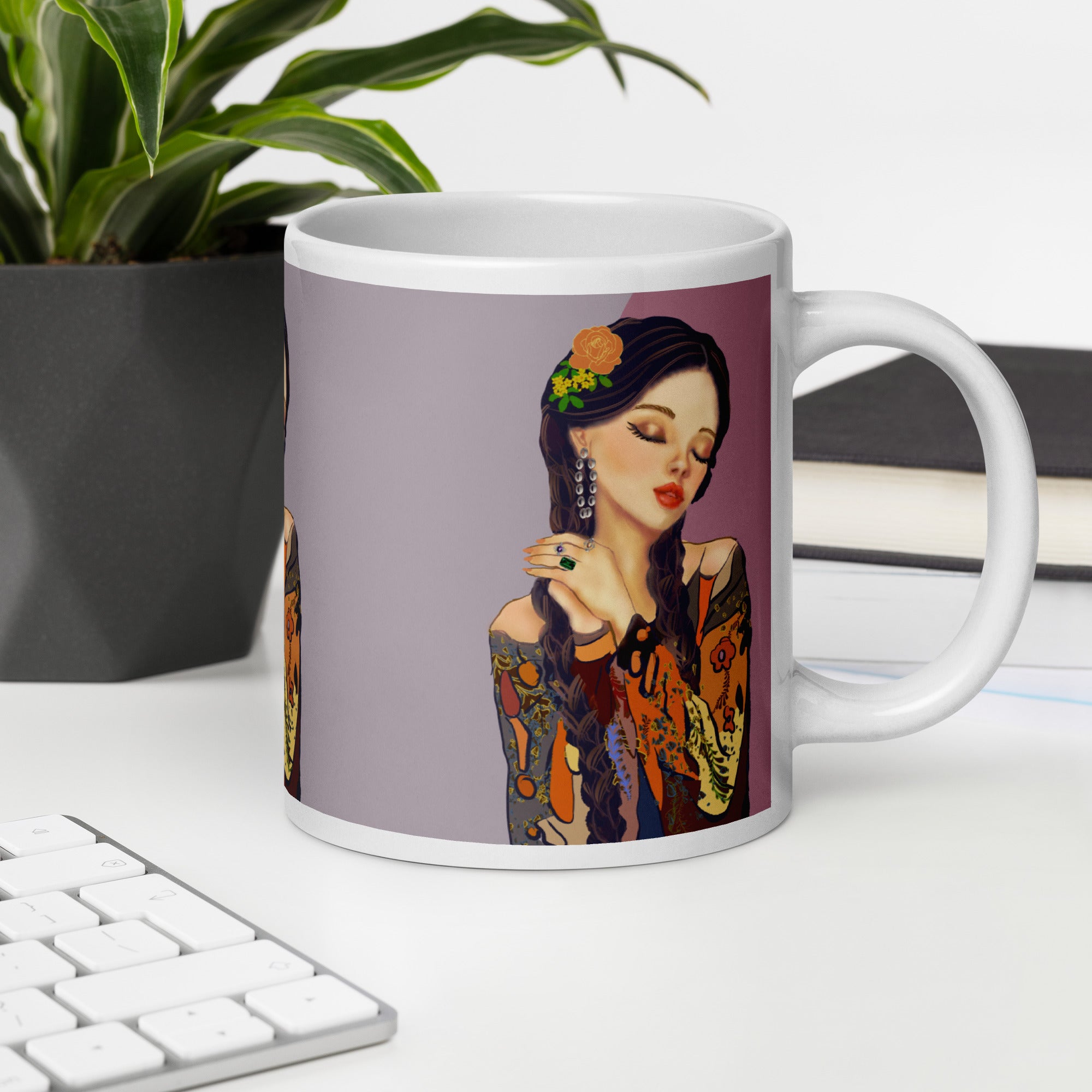 Vintage Pin-Up Woman Mug - Colorful Patterned Blouse White Ceramic Mug-20-oz-right