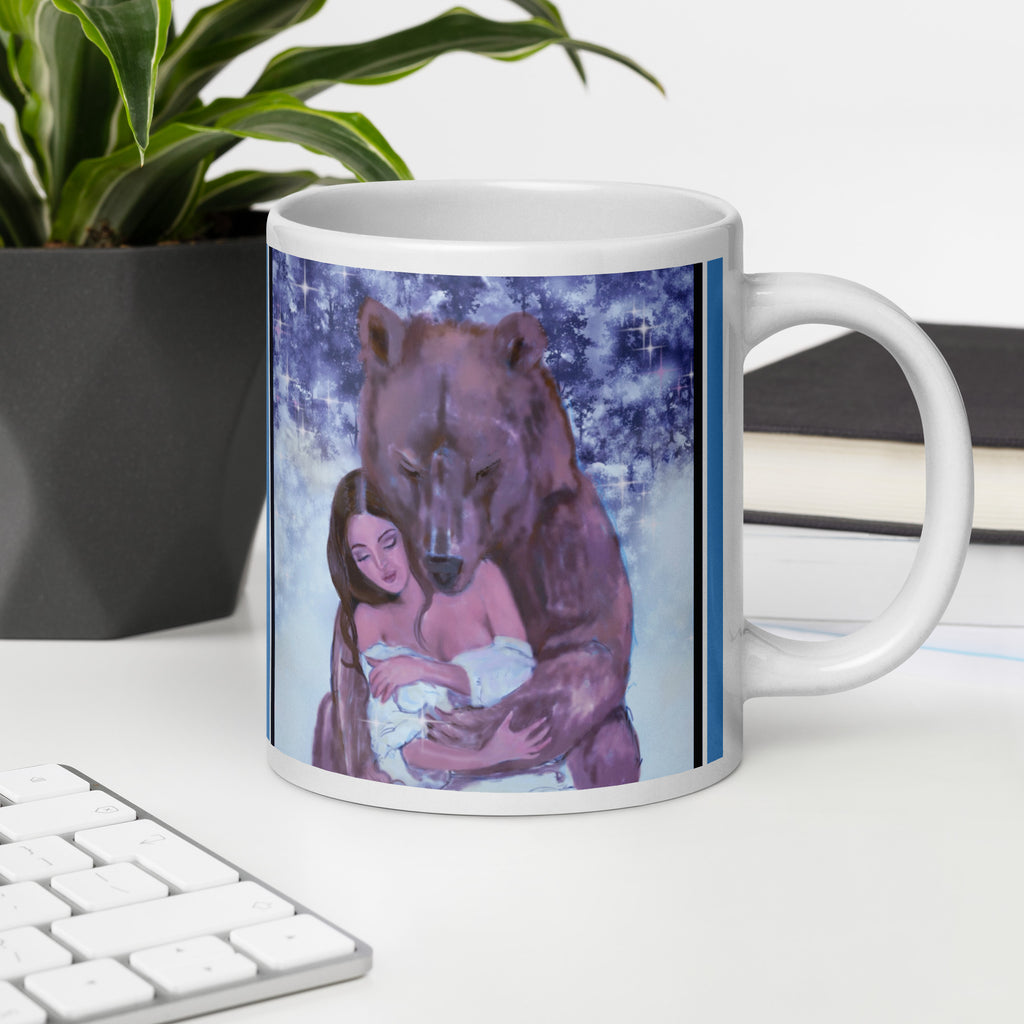 Bear Hug Valentine's Day Mug - Romantic Winter Love Heart Gift- Premium white ceramic mug- Large brown bear hugging woman with white dress in a winter scene of snow and trees in background. 20 oz right view