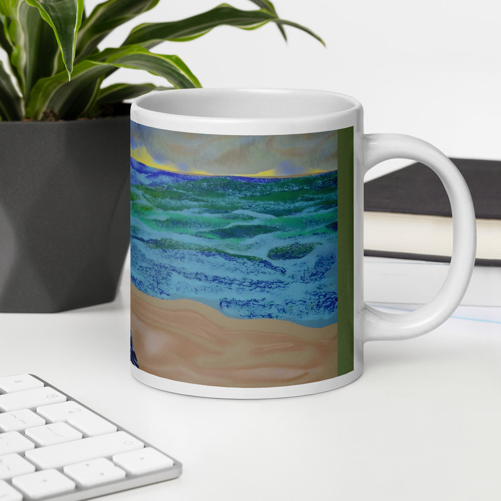 Stunning Resting Beach Face mug featuring Renoir's muse! Original Impressionist oil painting with beach vibes and coffee humor - perfect for art lovers! 20 -oz right view
