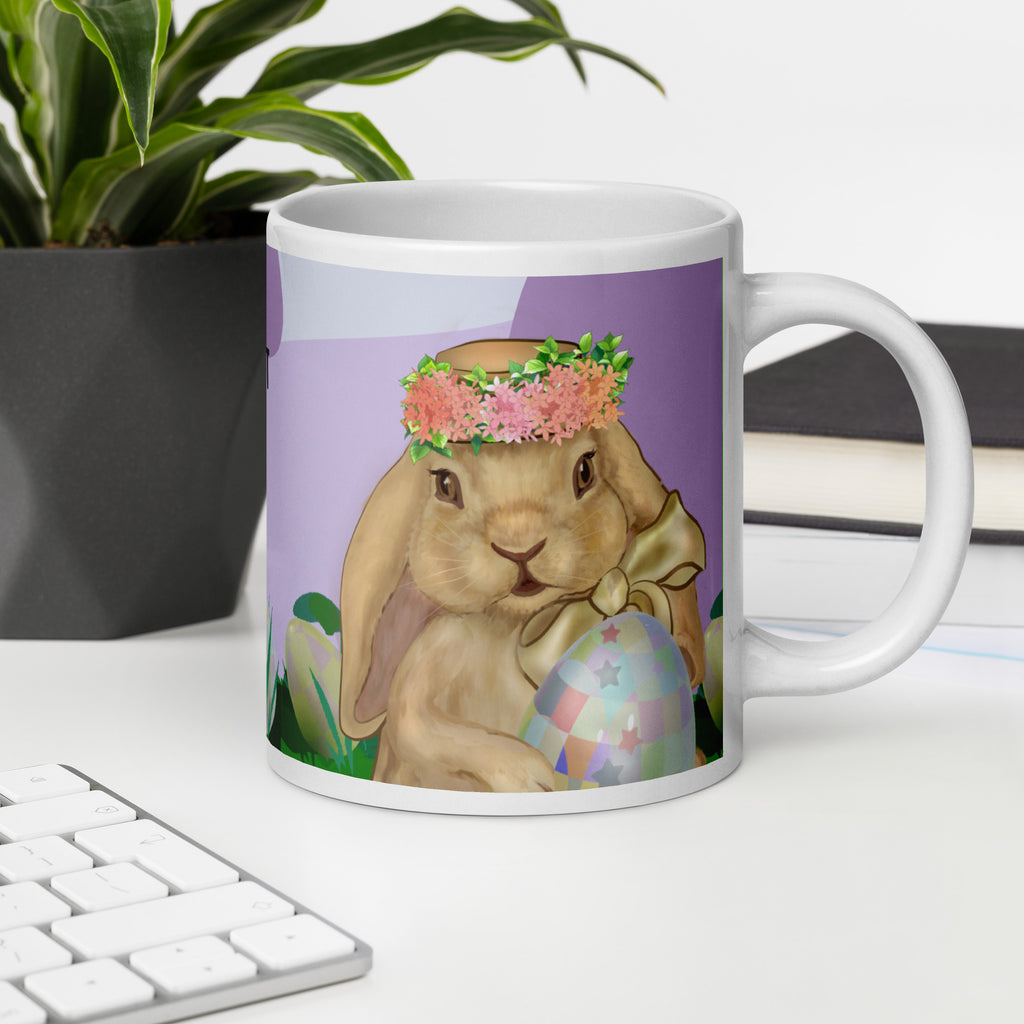 Premium white ceramic Mug - Spring Bunny Lady Mug - Personalized Easter Ceramic Coffee Mug - 20oz - lavender=Adorable Spring Lady  bunny holding turquiose egg with floral crown hat in a garden of easter eggs - 20 oz - right view