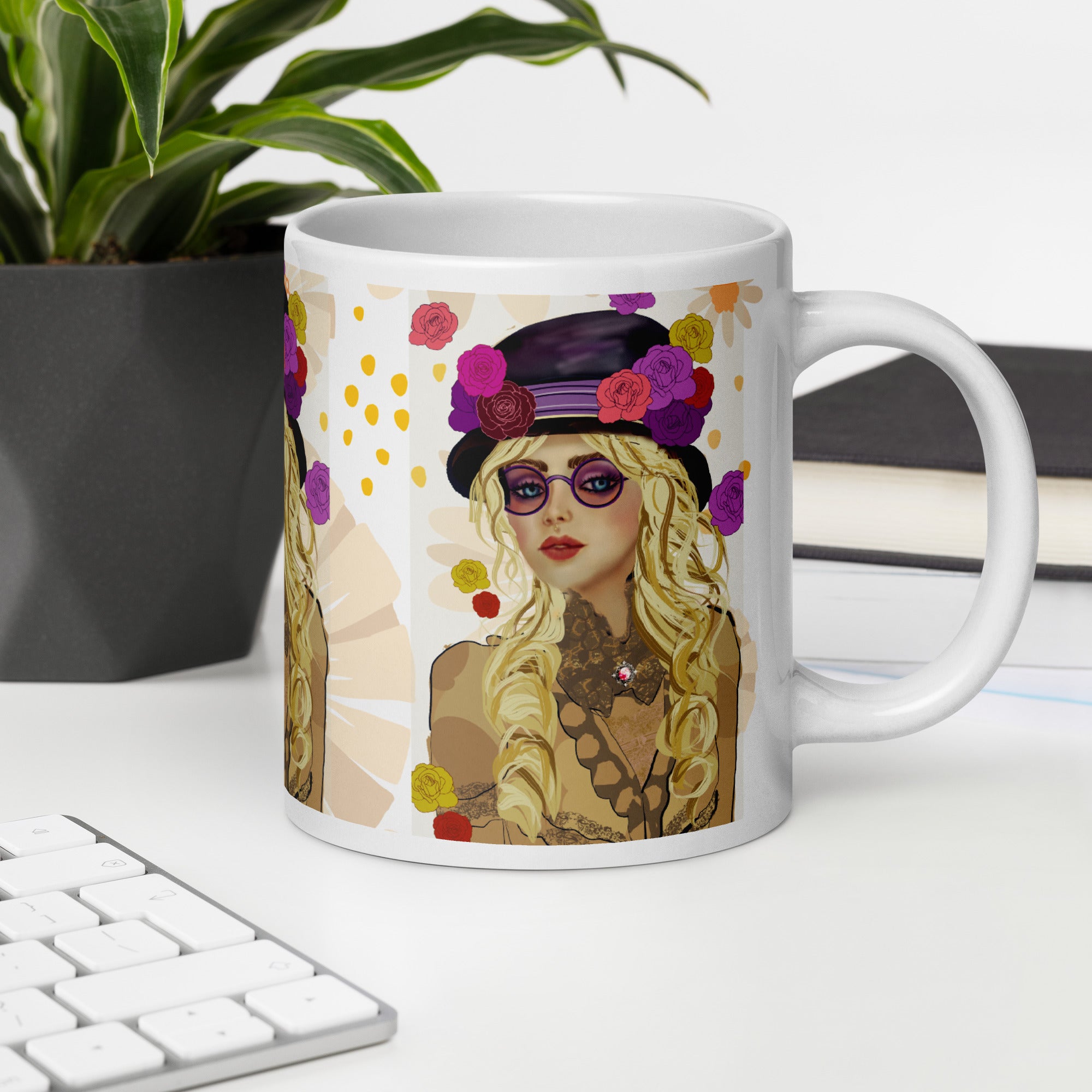 Premium White Ceramic -Bohemian Chic Flower Hat Mug - Stylish Woman White Ceramic Mug-20-oz-right