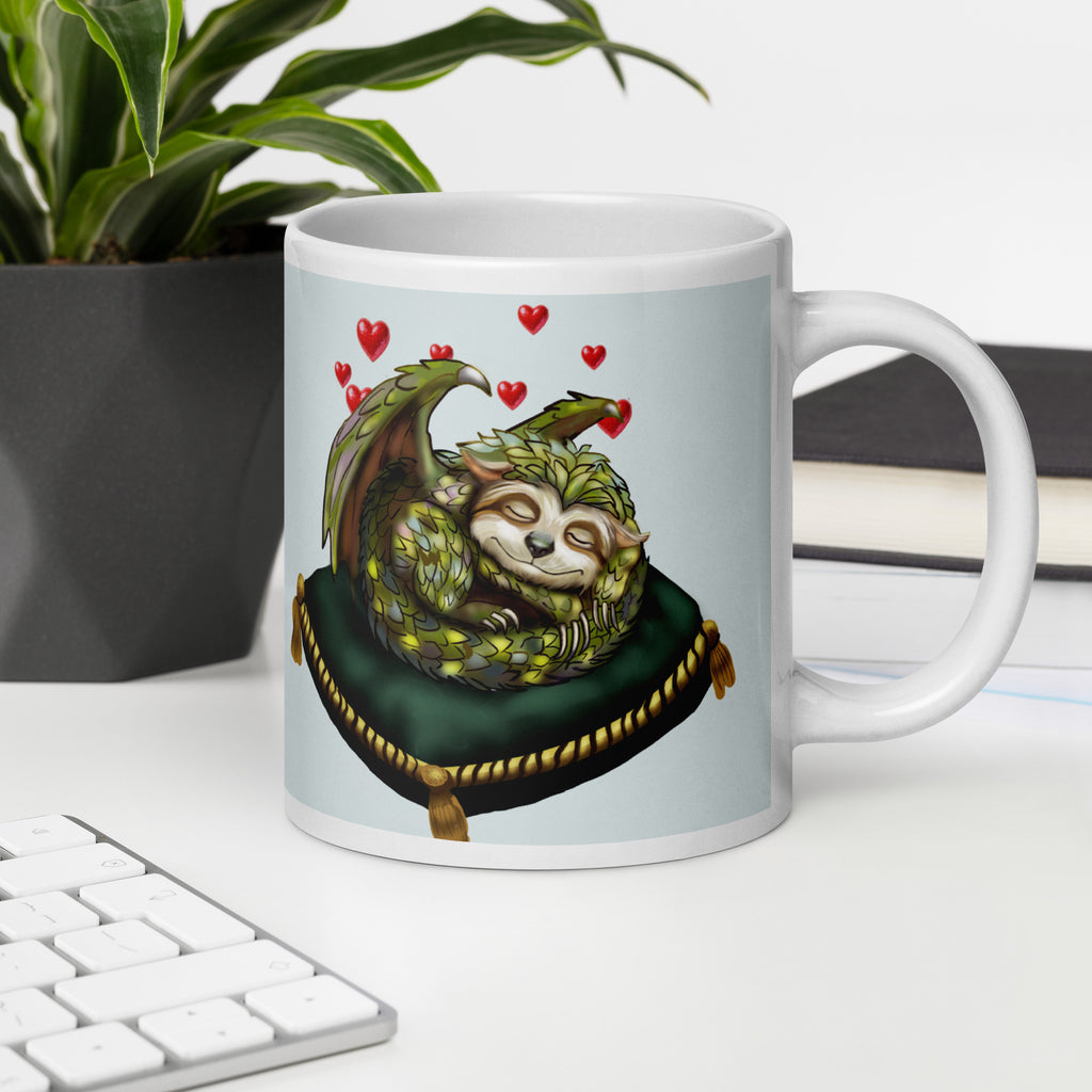 Sleepy Sloth Dragon mug - sleeping dragon curled on velvet pillow on desk in office -  20 oz right view 