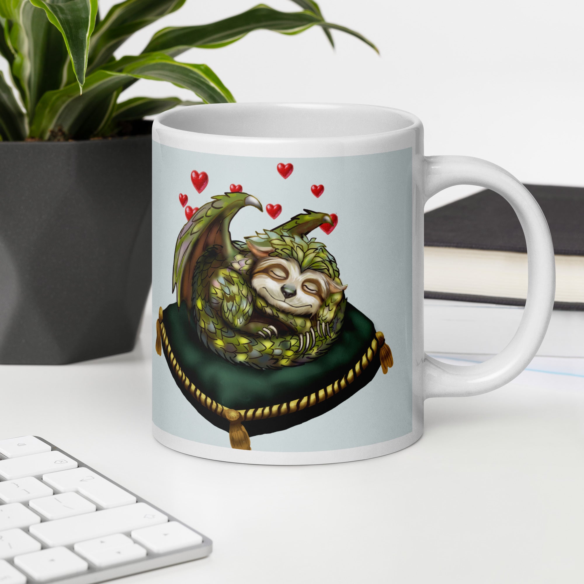 Sleepy Sloth Dragon mug - sleeping dragon curled on velvet pillow on desk in office -  20 oz right view 