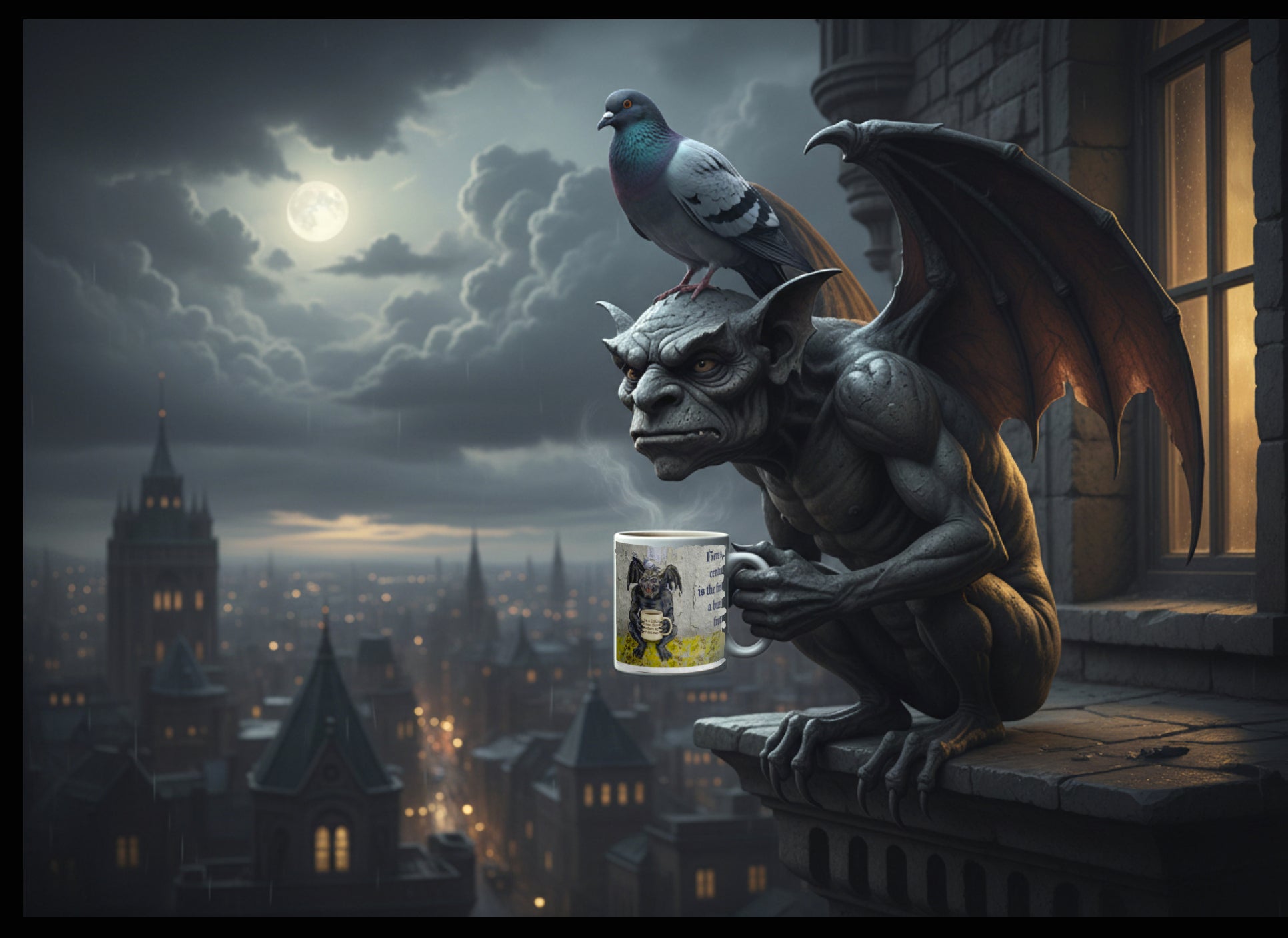 Premium white ceramic Gargoyle mug- Grumpy gargoyle with bat wings and  pigeon on his head holding a coffee mug with "I'm a little stone faced before my first cup" written on it. 11 oz left view